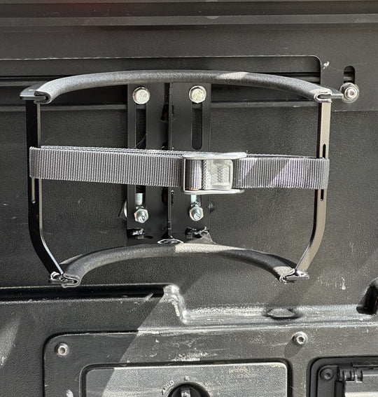 Propane Bracket installed in the Toyota Tacoma Rail.